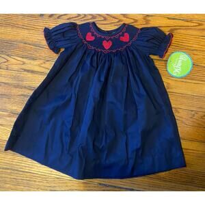 NWT Classic Whimsy navy blue smocked bishop dress red hearts Valentines Girl 24M
